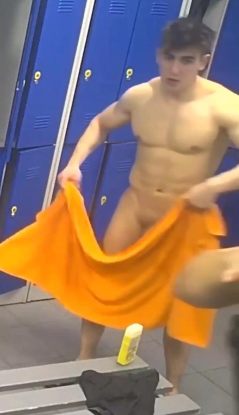 Football players in the locker room