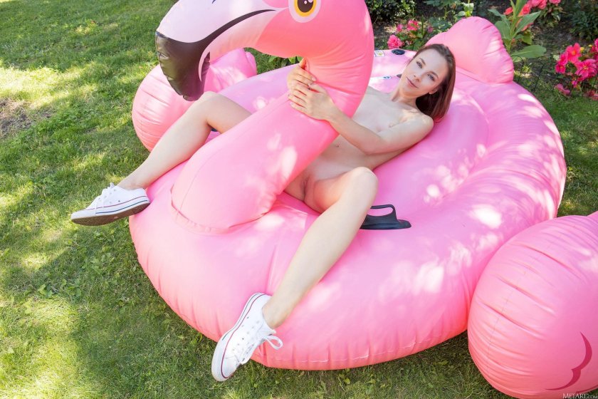 Inflatable pink flamingo